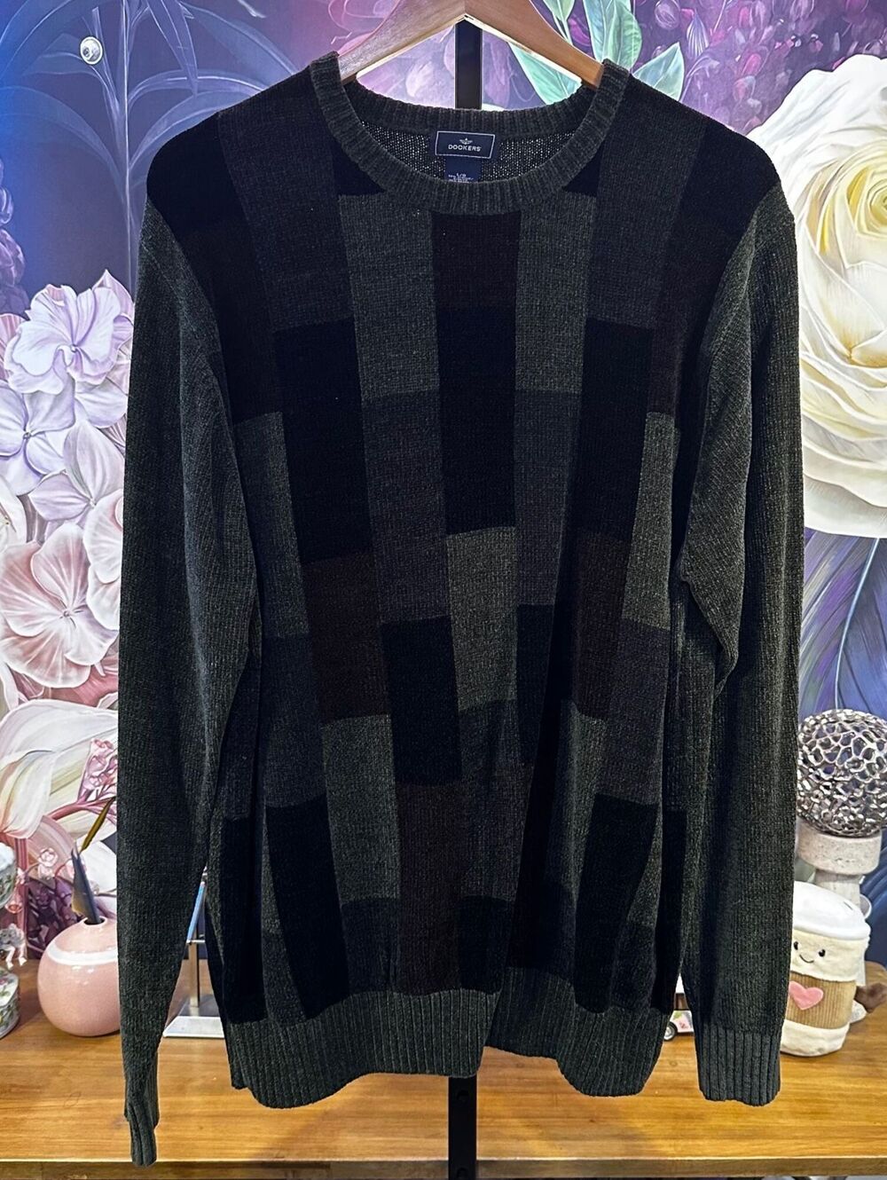 Dockers L Mens Geometric Colorblock Knit Sweater 90s Grunge Charcoal Gray Black